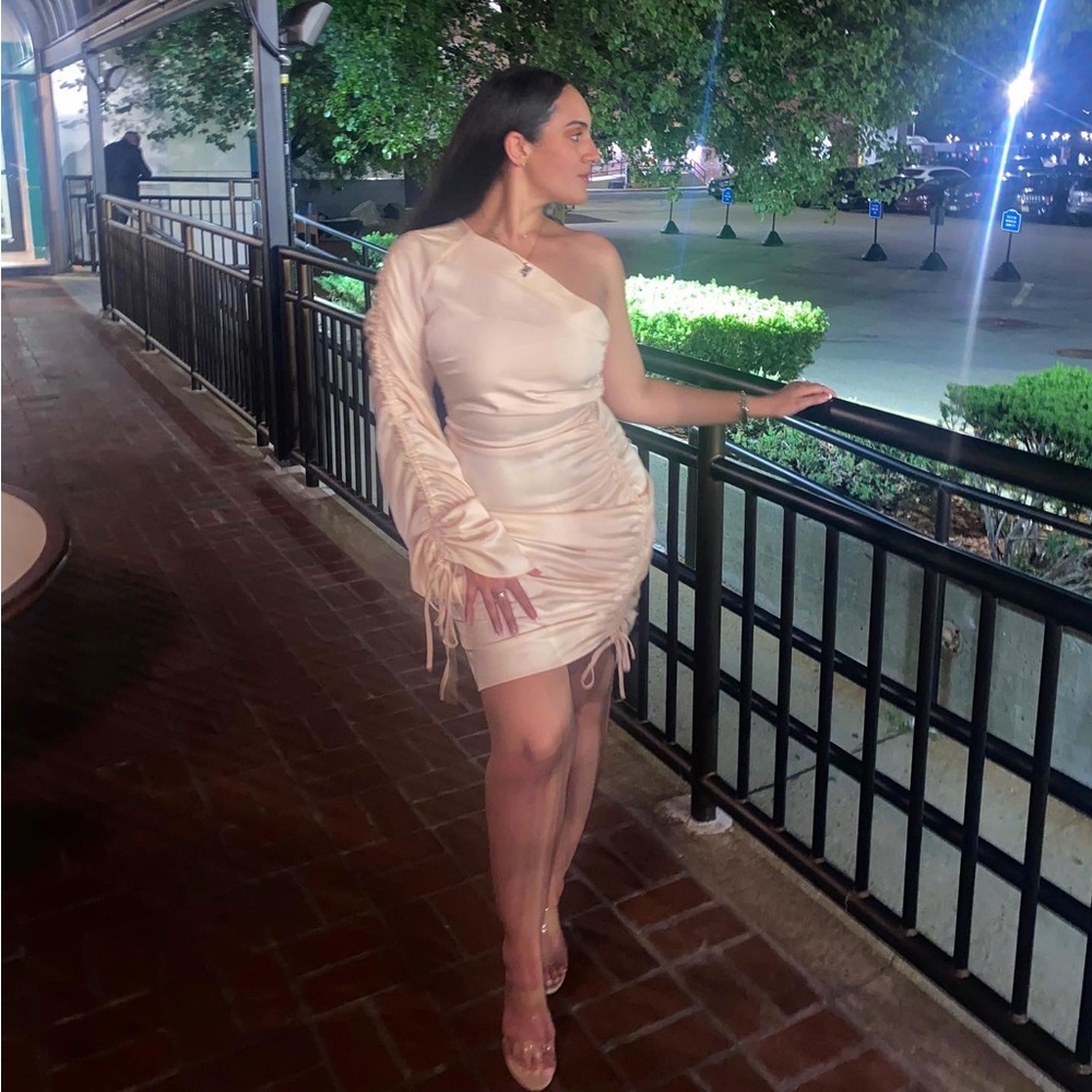 PLT One Shoulder Ruched Champagne Satin Dress Mini/ Midi